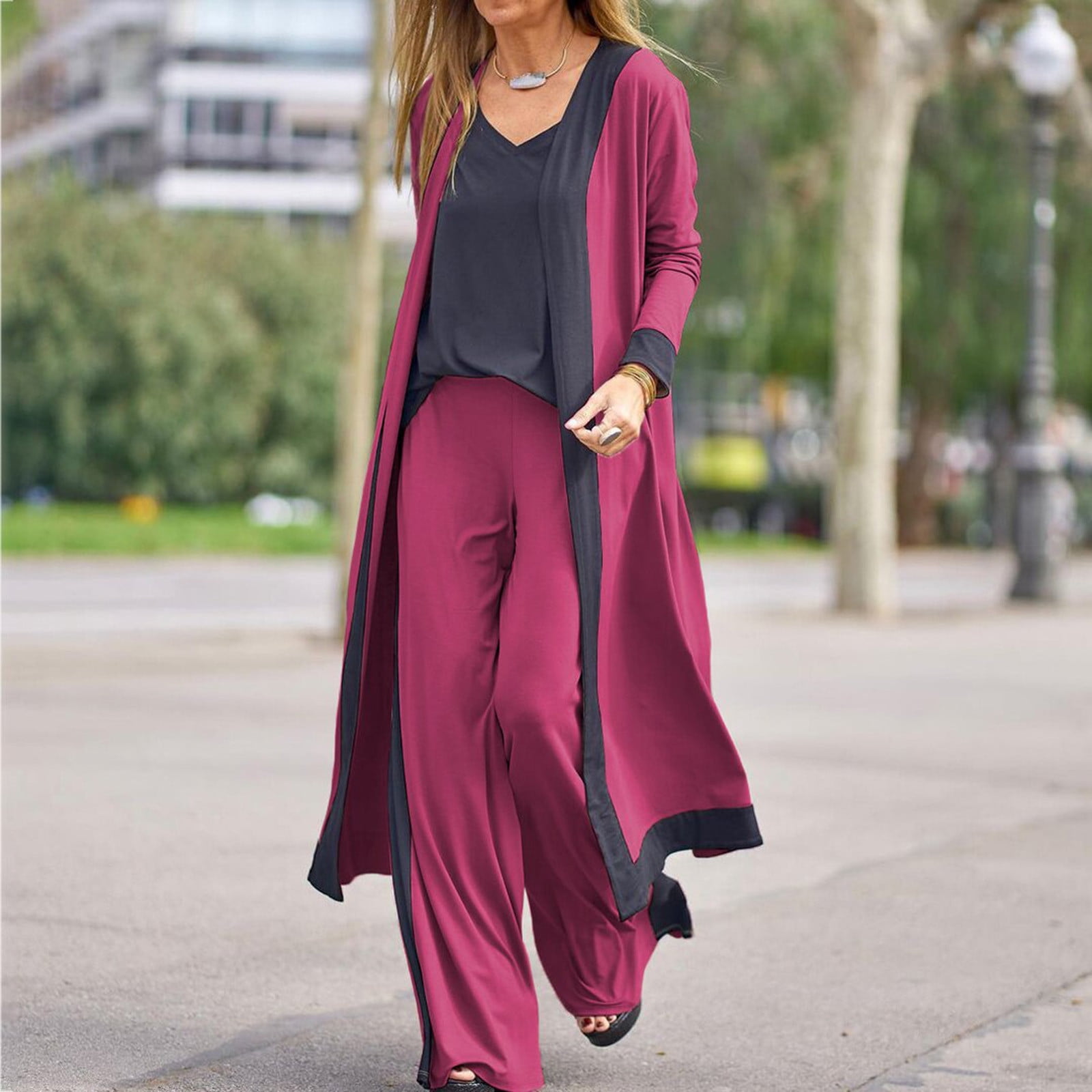 WREESH Women 3 Pieces Set Soft Vest T-Shirt Long Sleeve Fall Open Front  Cardigan Coat Top Long Hight Waist Trouser Pant Casual Suit | Walmart Canada