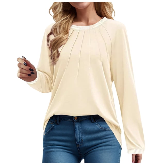 aidice Shirts for Women Casual Round Neck Long Sleeve Shirts Comfy Fitting Ruched Solid Color Tops