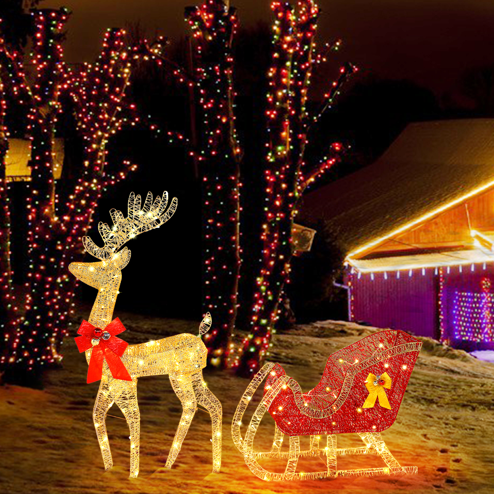 Zimtown Christmas Reindeer Set Outdoor Yard Decoration 4ft Reindeer & Sleigh LED Lights - Golden - image 2 of 9
