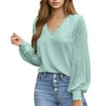 thumbnail image 2 of Top de manga larga con cuello en V y ribete de encaje para mujer - Blusa con detalle de ojales, poliéster/spandex, informal/playa - Tallas S-XXL, 2 of 6