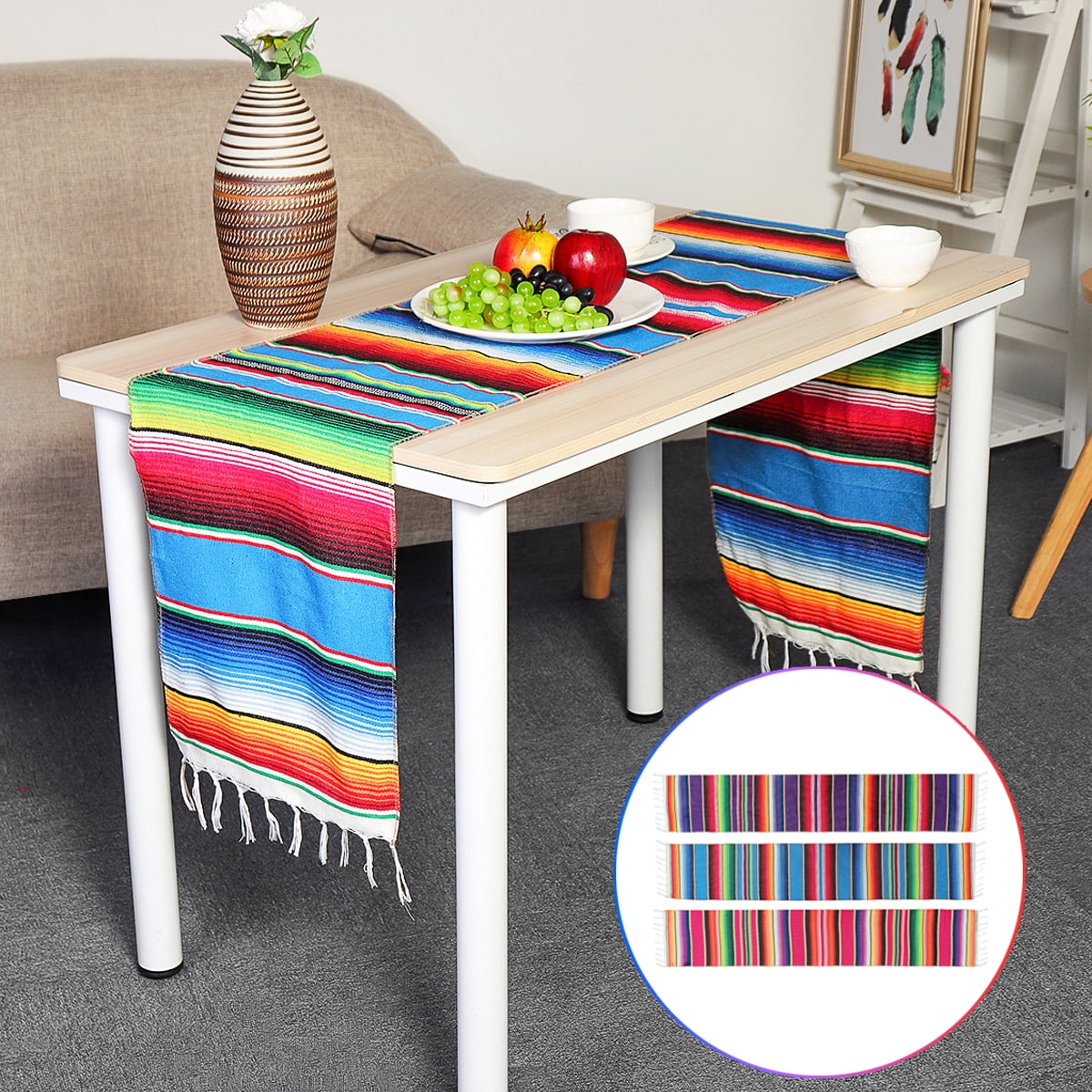 Mexican Serape Table Runner Festival Party Fringe Cotton Tablecloth Home Decor 