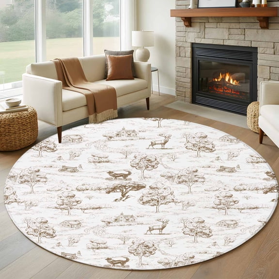 Brown Country Round Area Rug 6 FT, Non Slip Bedroom Area Rug, Abstract Farmhouse Rustic Tree Animals Washable Soft Circular Carpet Non-Shedding Floor Mat for Kitchen Dining Room Home Office Kids Room