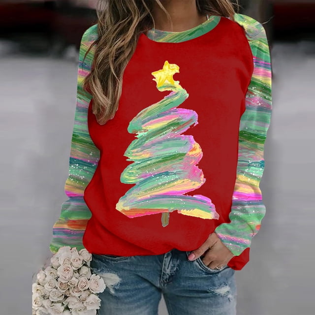 Chandail en Molleton pour Femmes Mode Chandail en Molleton de Noël Imprimé à Manches Longues Col Rond Sans Capuche Blouse