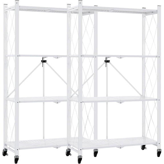 COOKCOK 4-Tier Storage Shelves, Foldable Shelving Units with Wheels, 27.9"x13.4"x 47.8", Freestanding Wire Shelf Rack with Hooks, No Assembly Organizer Rack for Garage Kitchen, White (Pack of 2)