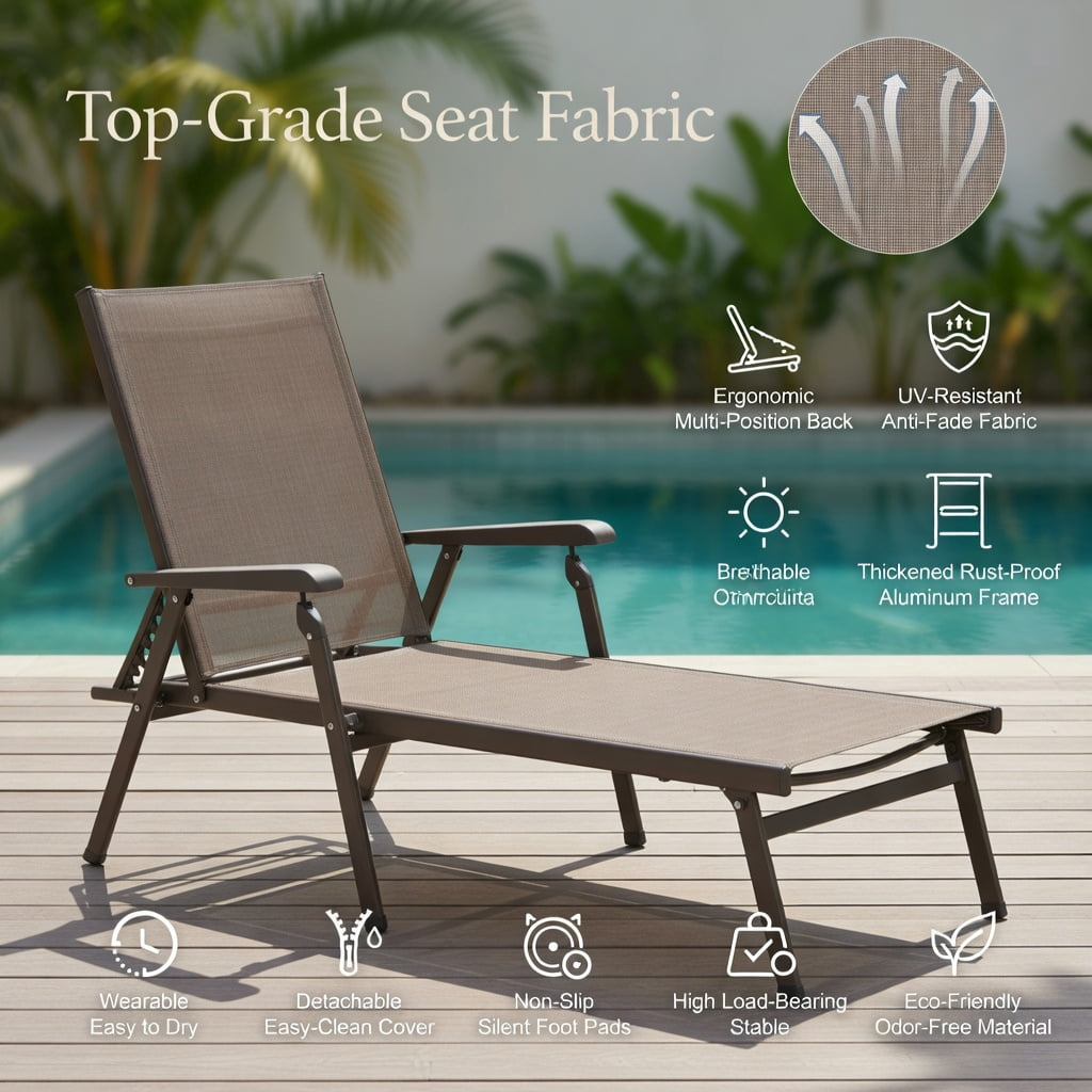Hommoo 2-Pack Foldable Chaise Lounge Chair with 5-Position Reclining Backrest & 2-Position Adjustable Footrest, Steel Frame Outdoor Patio Lounger, Brown