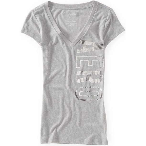 Aeropostale - Camiseta gráfica con cuello en V vertical SS para mujer, gris, pequeña Aeropostale Camiseta gráfica