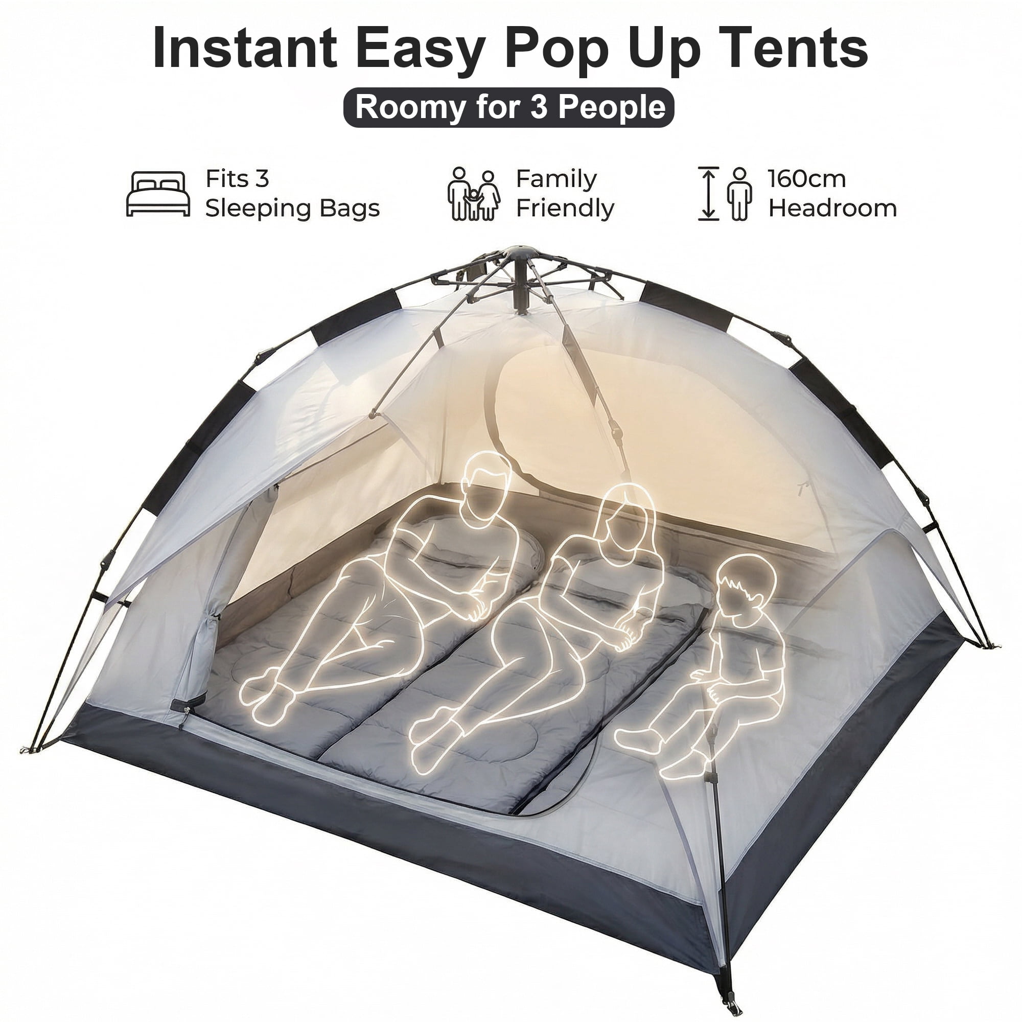 XL Instant Easy Pop Up Tents 3-Person Camping Tent Beige, Plug and Play Tent, Fully Automatic Waterproof Family Camping Tent, Detachable Canopy Tent, Suitable for Beach Camping and Hiking