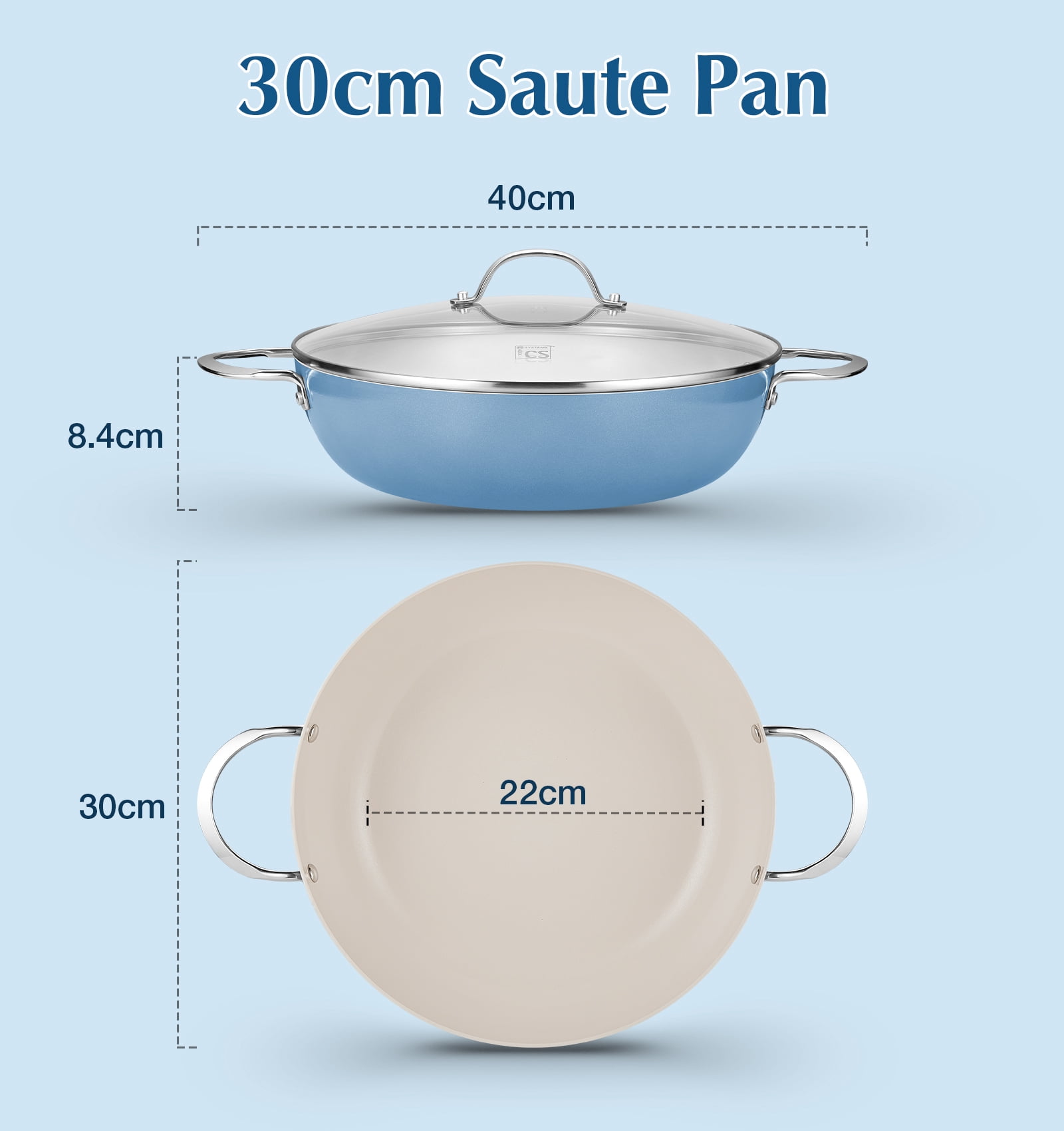 Koch Systeme CS 6QT Non-Stick Deep Frying Pan with Lid, Saute Pan with Aluminum Ceramic Coating, Dishwasher and Oven Safe, Blue