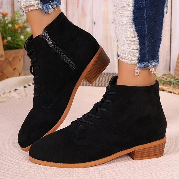 Mfakffe Boots For Women Lace-Up Ankle Boots Side Zipper Low Block Heel Short Booties Classic Round Toe Casual Fall Winter