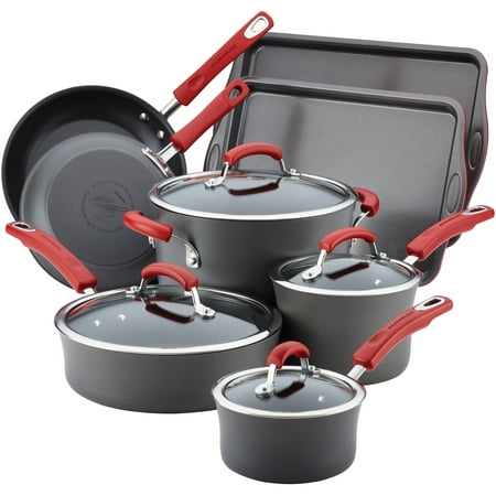 Rachael Ray Hard Anodized Non-Stick Grey Cookware Set with Red Handles, 12