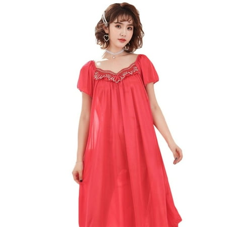 

ZPAQI Women Plus Size Imitation Silk Loose Nightdress Short Sleeve Ruffles Solid Color Nightgown Bowknot Lace Mother Sleepwear