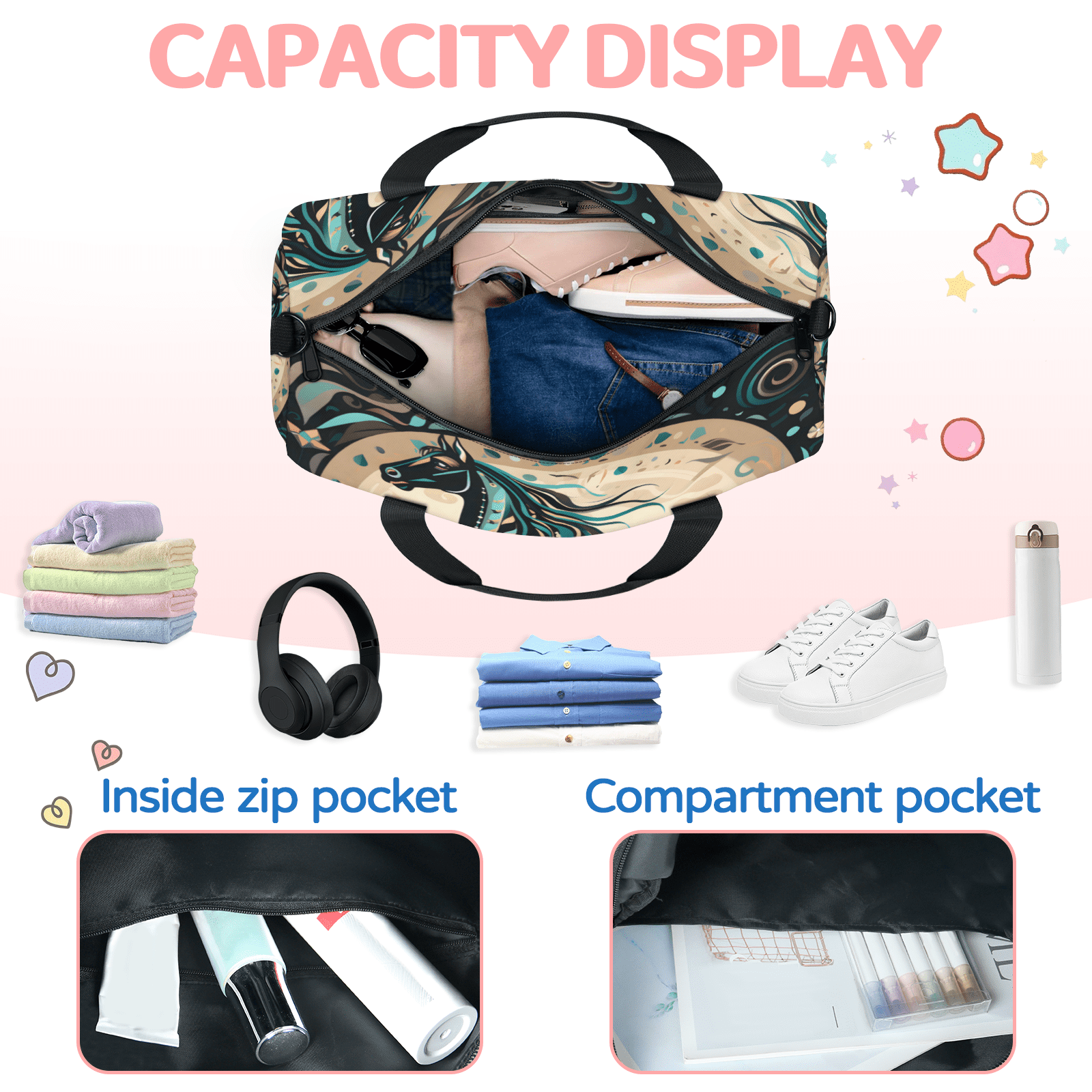 Herdesigns Ethnic Horse Gym Bag for Women, Duffle Bag for Travel Sport, Lightweight Waterproof Carry on Weekender Overnight Dance Yoga Workout Bags