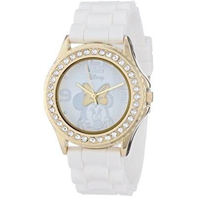 disney women's mn1053 rhinestone accent minnie mouse white rubber strap watch