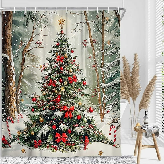 Christmas Tree Shower Curtain, Glitter Xmas Tree Red Bow Bird Winter New Year Holiday Bathroom Curtain, Wonderland Xmas Tree Holiday Restroom Decor Accessories with Hooks 72X72 inch