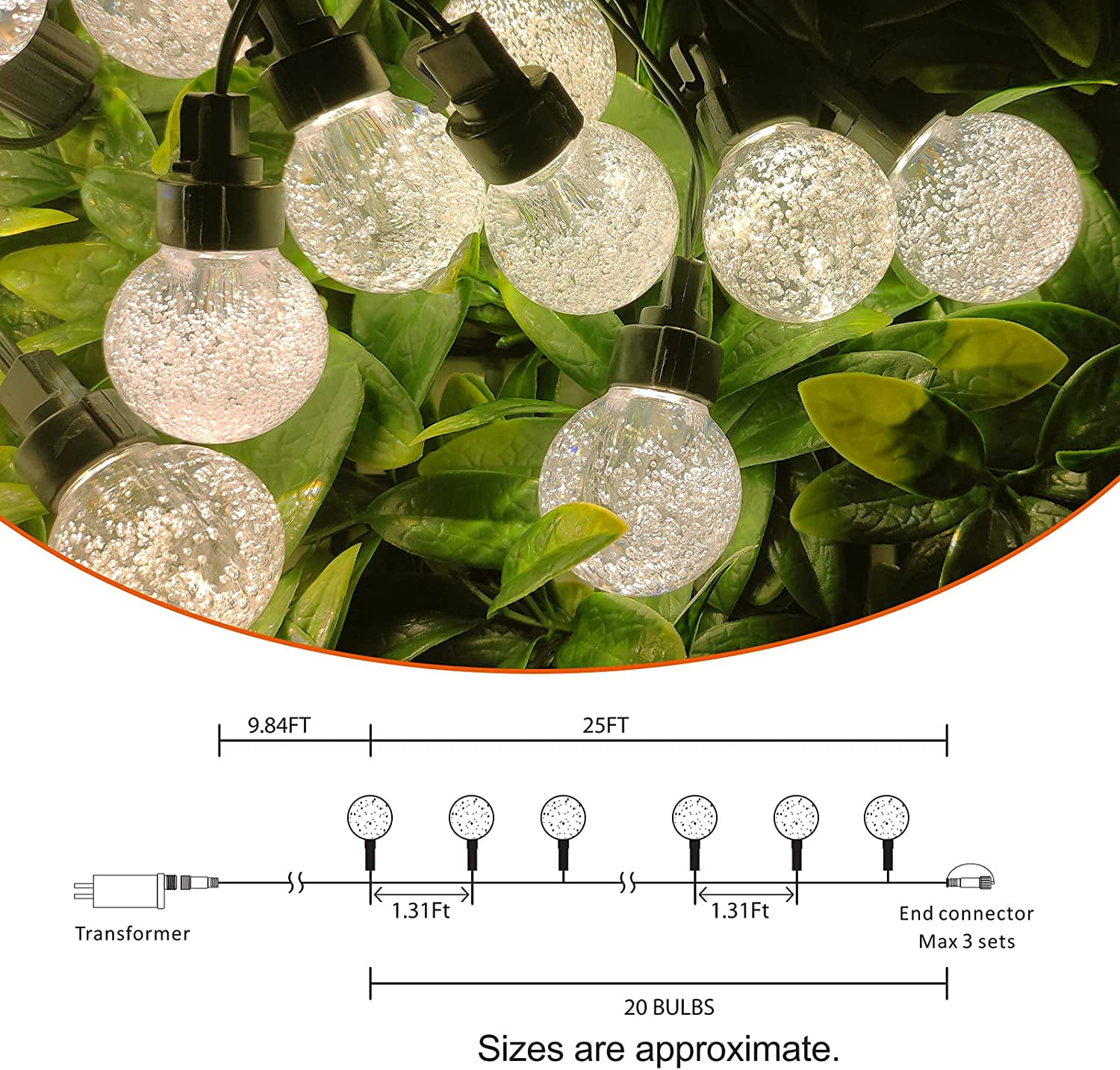 Bibana 35 FT Globe String Lights Outdoor Commercial Grade Light with 20 G50 Shatterproof LED Bulbs Waterproof Extendable for Indoor Outdoor Wedding Garden Party Christmas Trees Decoration (Warm)