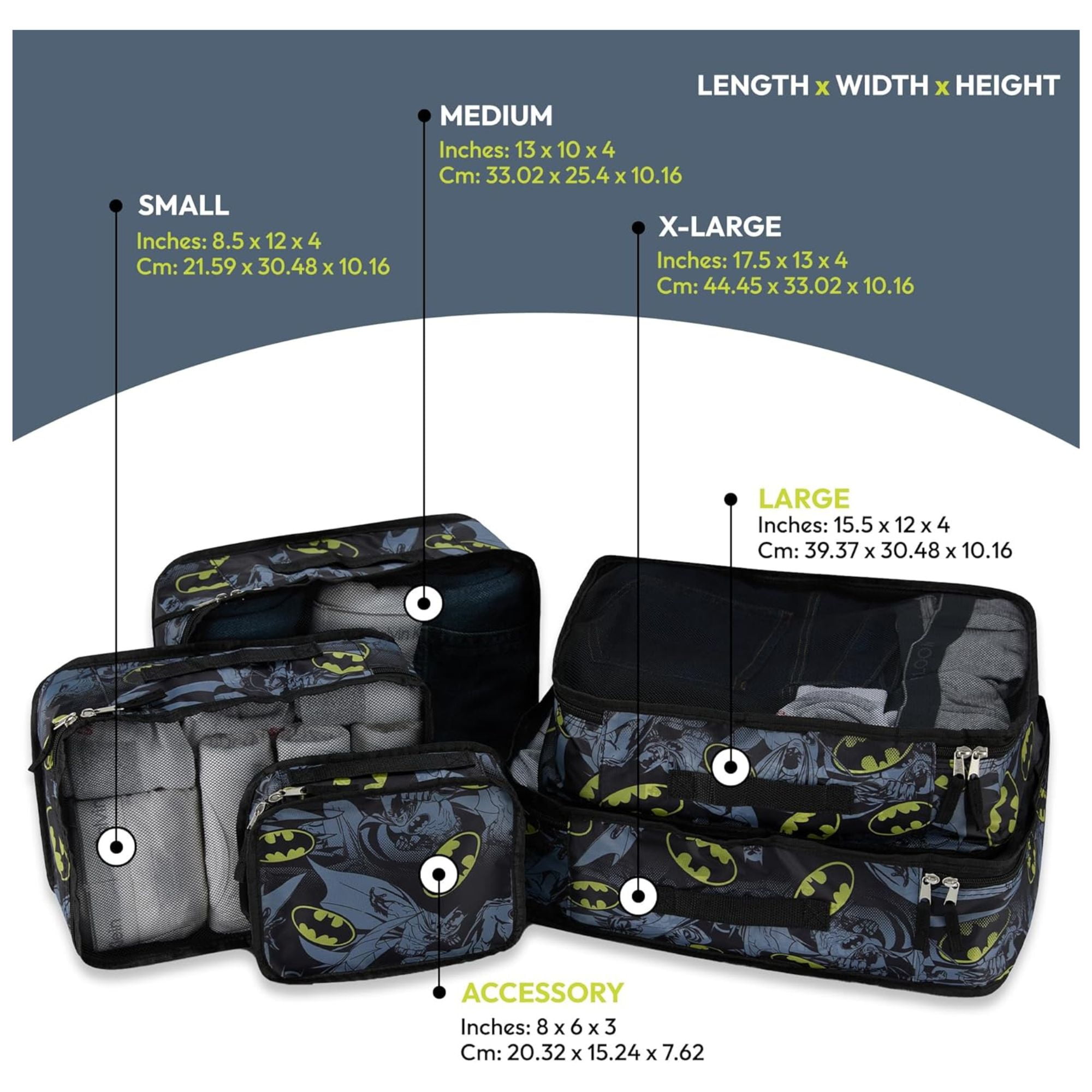 DC Comics Batman Men’s Packing Cubes, 5 Piece Cube Set Suitcase Travel Organizer for Kids and Adult Black