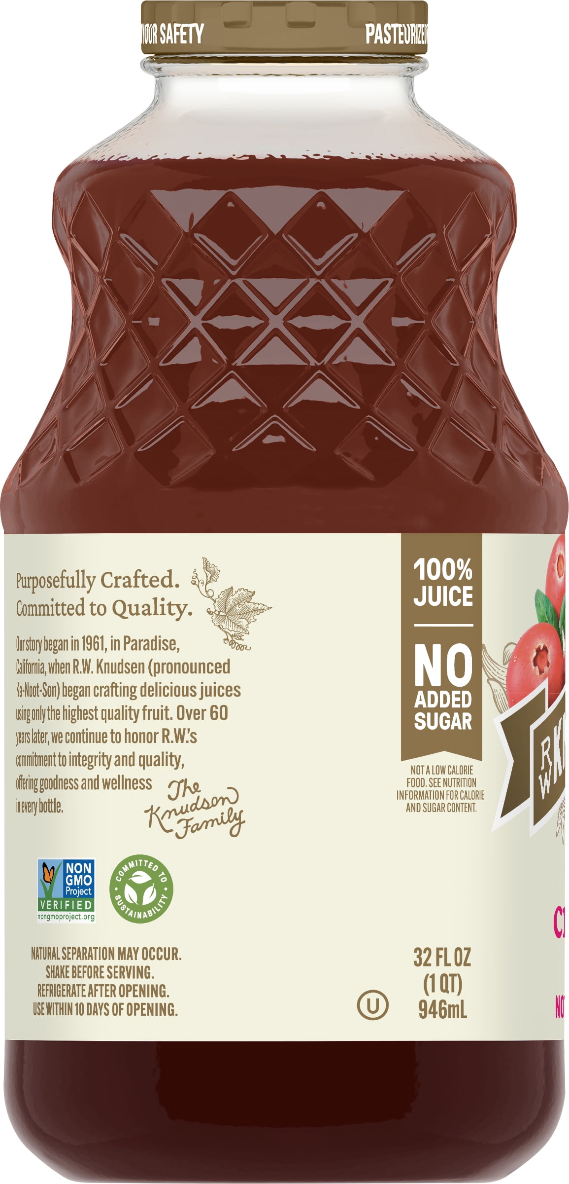 R.W. Knudsen Family Just Cranberry Juice, 100% Juice, 32 oz, Glass Bottle
