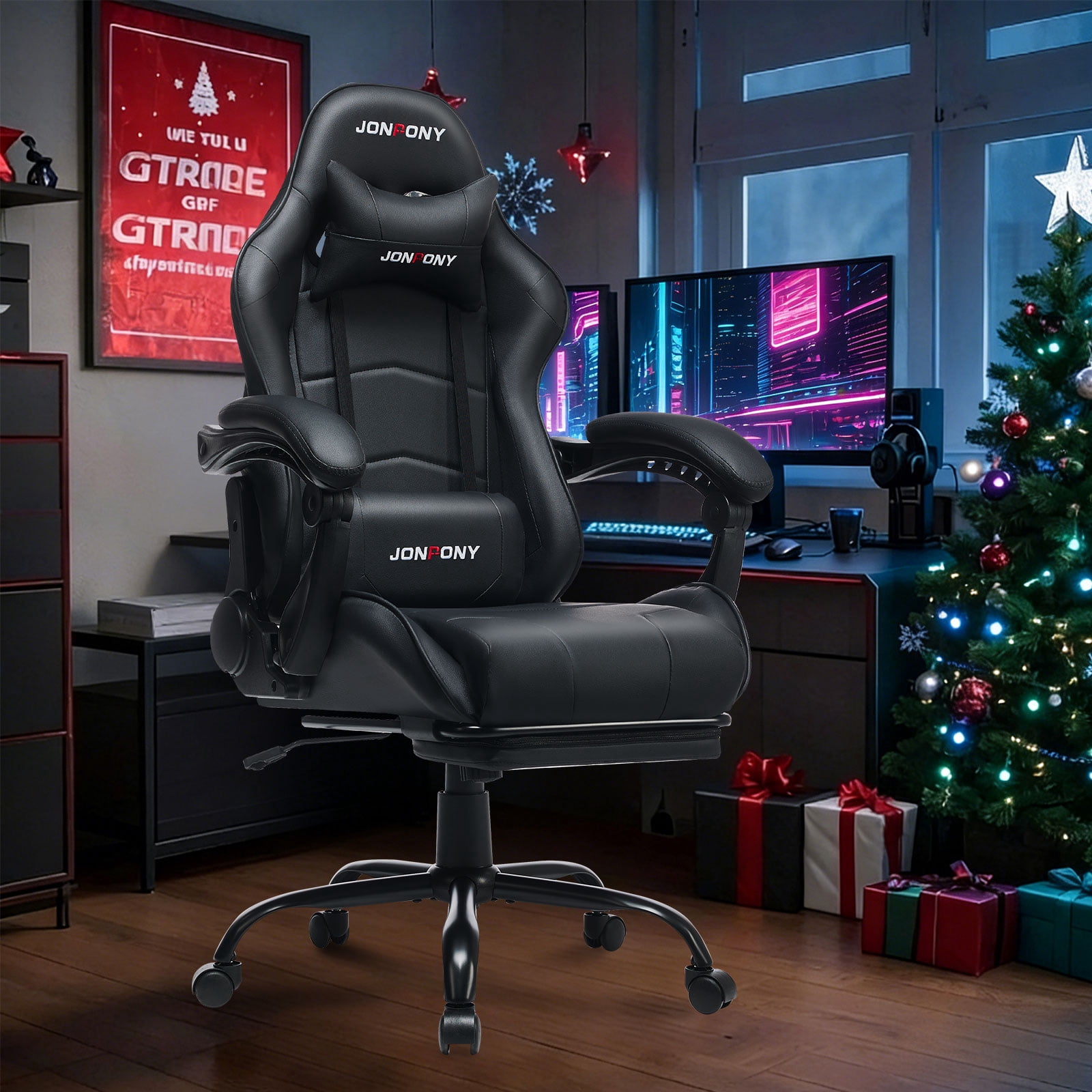 JONPONY Big and Tall 500LBS Gaming Chair, Ergonomic Design, Gamer Chair PU Leather with Footrest and Lumbar Support, High Back Office Chair Support, Long Sitting Computer Chair, Black