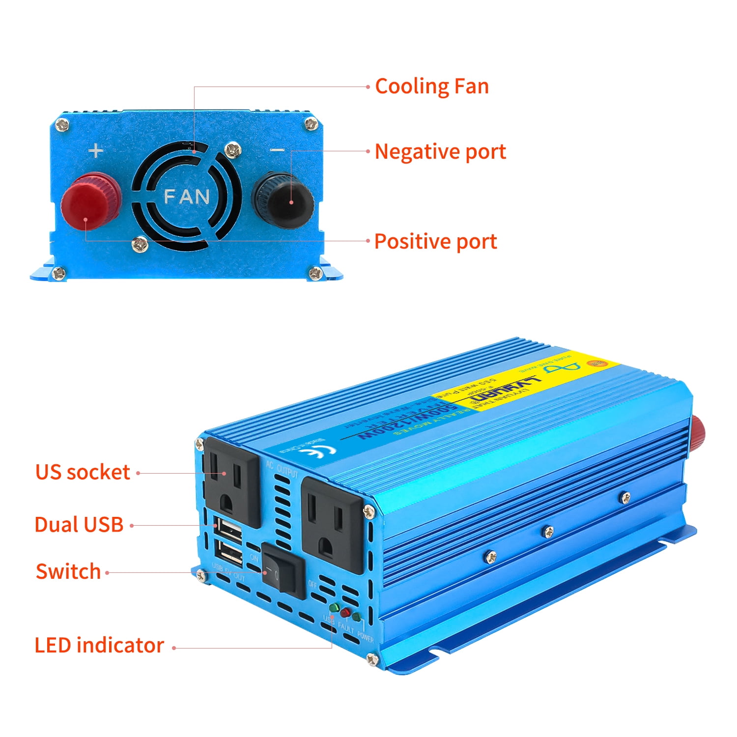 LVYUAN 500W Pure Sine Wave Power Inverter DC 12V to AC 110V 120V 