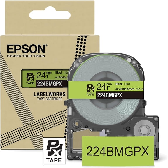 Epson LABELWORKS 224BMGPX - Black on Matte Green PET Label Maker Tape - 1" (24MM) Wide, 26'