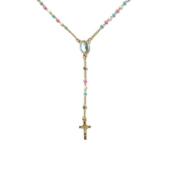Golden rosary with chain-style colored beads