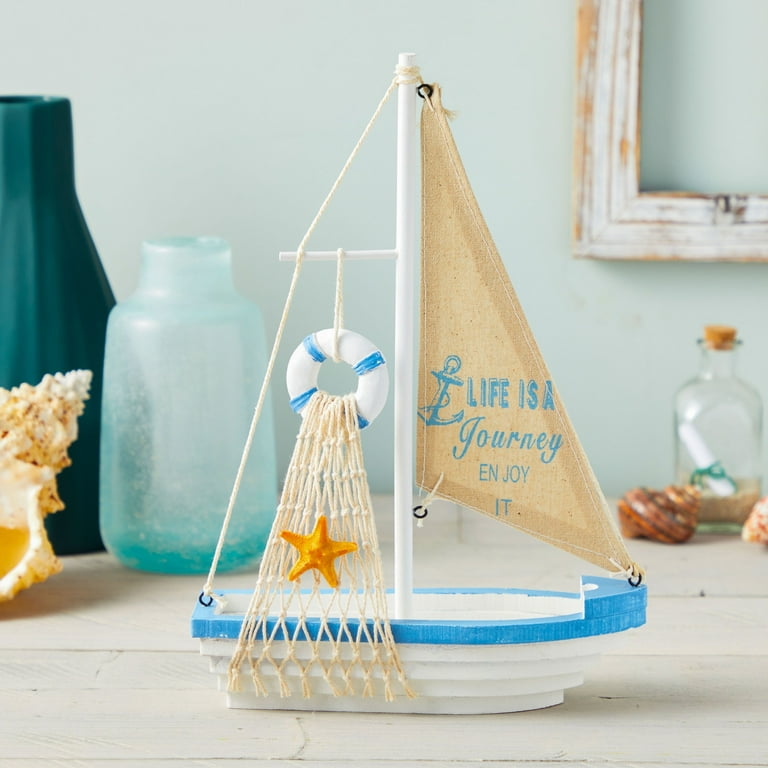 Life is A Journey, Enjoy It Wooden Sailboat Model with Flag, Net, Starfish,  and Floating Tube for Nautical Home and Bathroom Boat Decor, Countertop,  Shelf (13x8x3 in) 