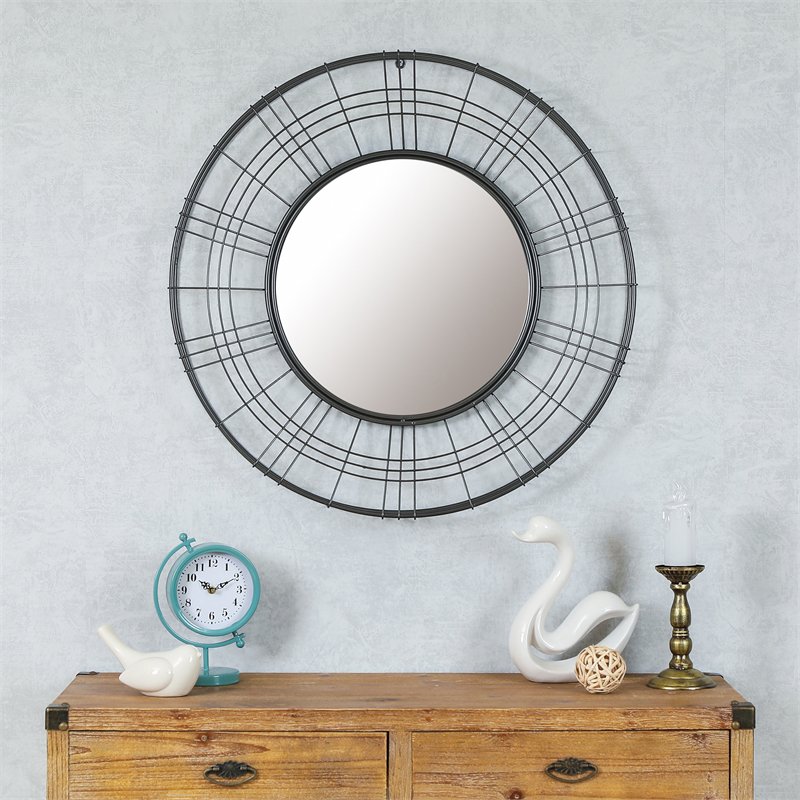 30" Diameter Decorative Mirror in Black Finish Metal Wall Decor