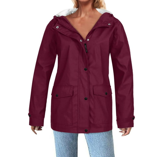 Qetyuw Veste Imperméable Extérieure pour Femmes Fermeture Éclair Complète Doublée Sherpa à Capuche Grande Taille Manches Longues Décontractée