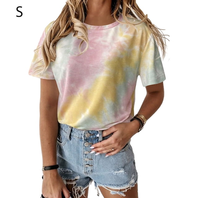 Camiseta de mujer Cuello redondo Manga corta Tie-dye Printed Casual Top, Caqui, S Advancent AP000470-03