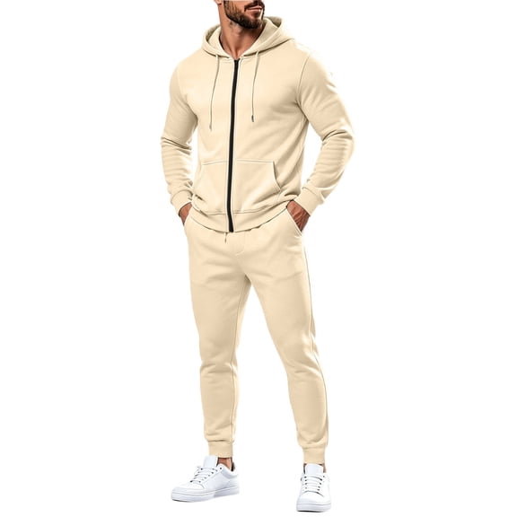 Classic Plain Track Suits Mens Full Zip Long Sleeve Hoodie Slim Fit Elastic Jogger Pants Streetwear Outfit Beige L