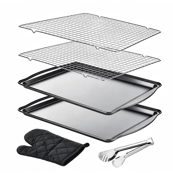 Yucurem 6-Piece Non-Stick Baking Sheets with Cooling Wire Racks Oven Mitts & Tongs, Heavy Duty Baking Pan for Cookies