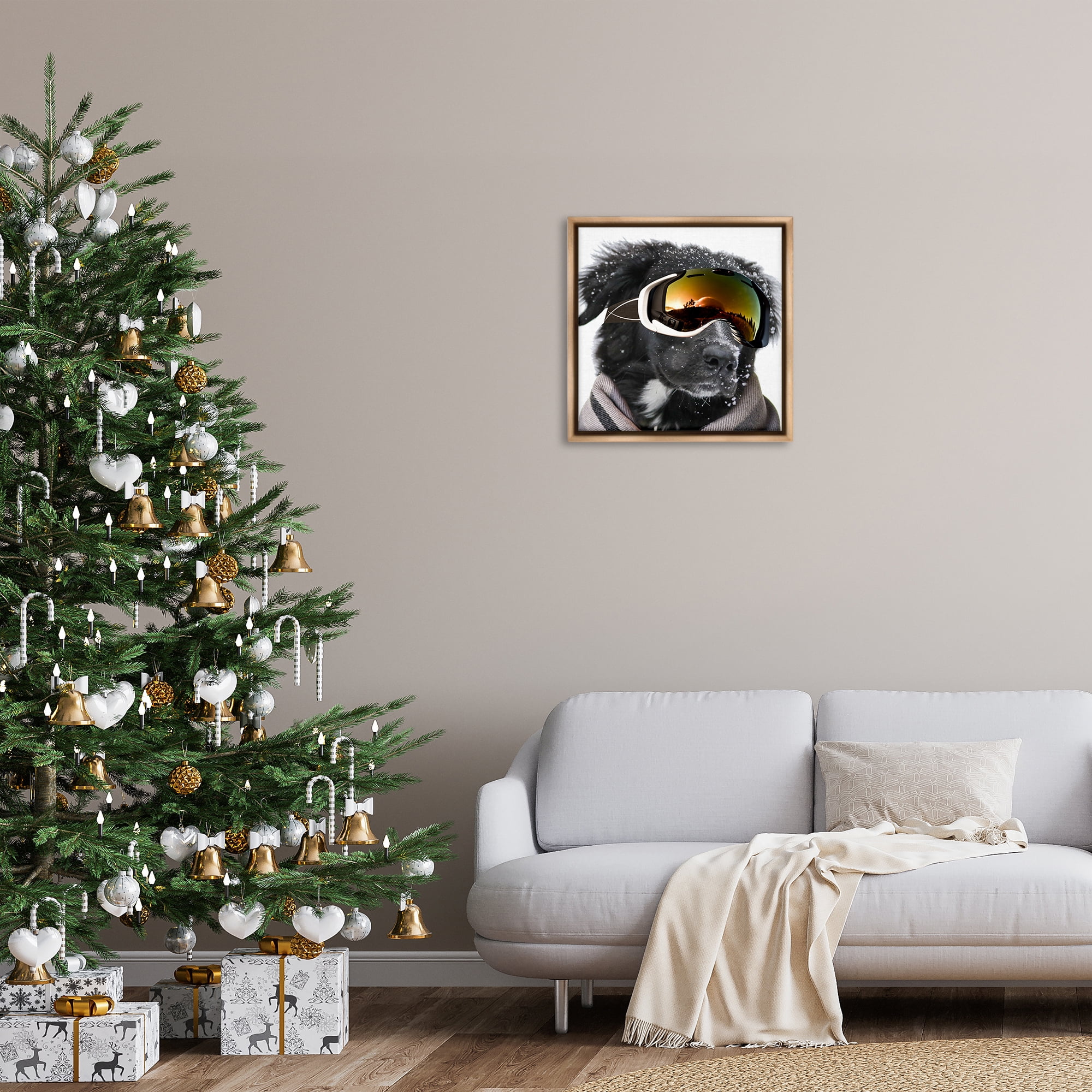 Stupell Industries Snowboarder Dog with Goggles Animals & Insects Painting Brown Floater Framed Canvas Art Print Wall Art, 25 x 25