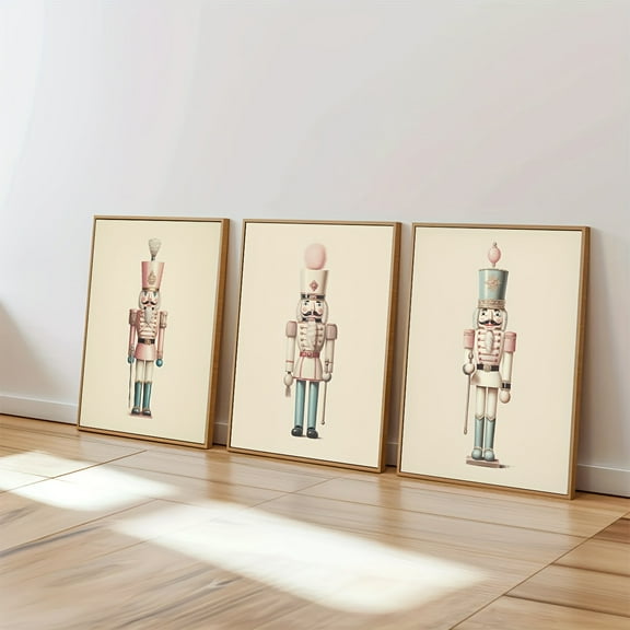 Christmas Nutcracker Wall Art Print Set of 3, Pastel Nutcracker Painting, Neutral Retro Christmas Decor, Holiday Season Artwork, Trendy Preppy Print, Minimalist Wall Art, Nutcracker Canvas Poster, H