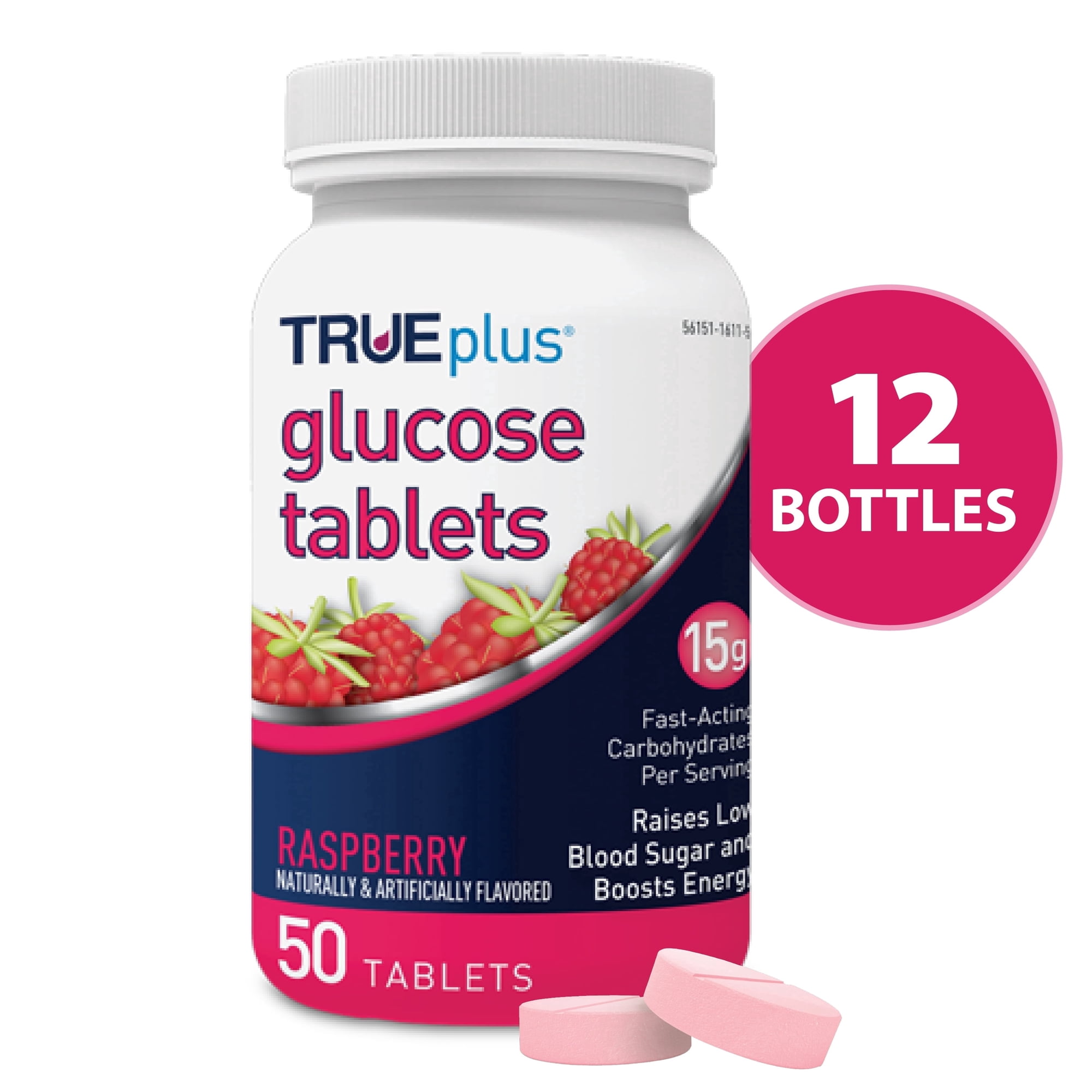 TRUEplus Glucose Tablets, Chewable, Raspberry Flavor, 15g Fast-Acting Carbs, 50 Count, 12 Bottles