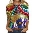 thumbnail image 2 of Feancey Womens Mardi Gras Tops 3/4 Sleeve Crewneck Cute Shirts Trendy Mask Print Carnival Party Tops Three Quarter Length T Shirt Parade Blouse Multicolor 3XL, 2 of 5