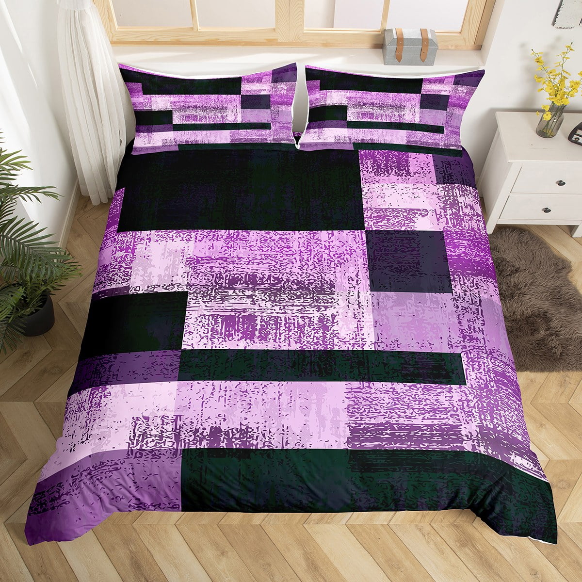 Purple Ombre Duvet Cover King Geometric Bedding Set Vintage Oil