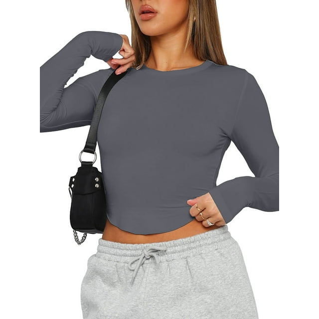 xiaxaixu T-Shirts Courts Ajustés pour Femmes Manches Longues Col Rond Ourlet Incurvé Couleur Unie Blouses Habillées