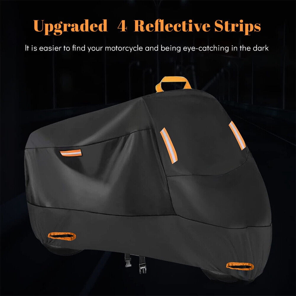 Motorcycle Cover (Four Seasons) Waterproof and Sun Protection Outdoor Night Reflective with Keyhole and Storage Pocket, (XXL: 90" x 35" x 50")