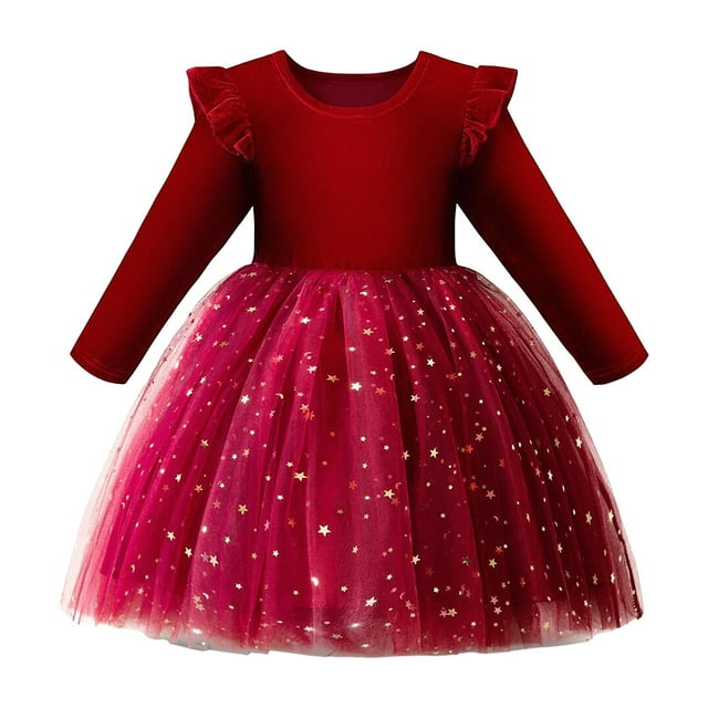 Splozh Dresses Christmas Dresses for Girls Christmas Girls Long Sleeve Dress Flying Sleeve Star Mesh Princess Dress Christmas Performance Clothes Red,4-5 Years