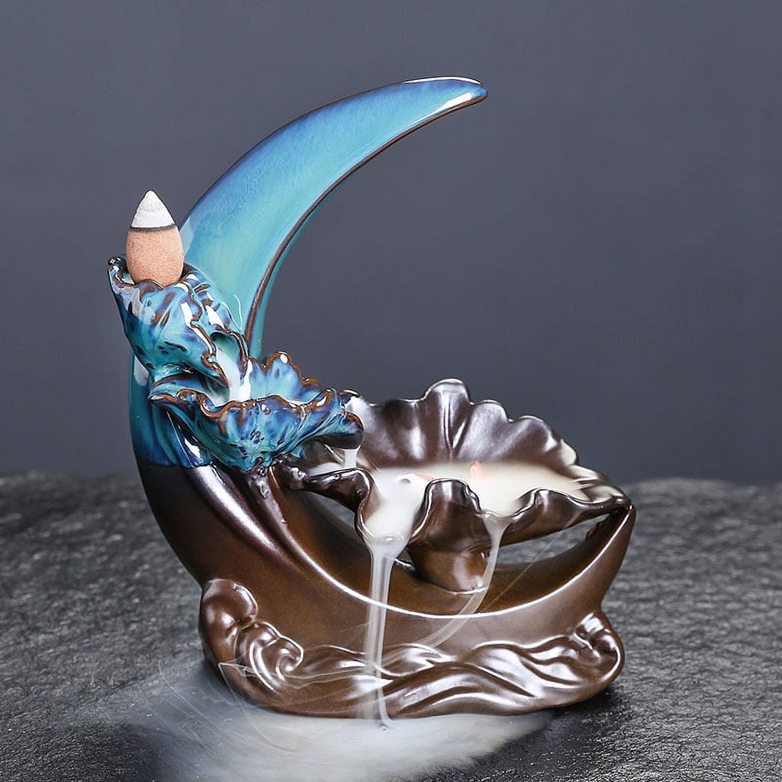 Ceramic Backflow Waterfall Burner Creative Moon Lotus Leaf Small Fish Sandalwood Backflow Incense Holder Craft Decoration