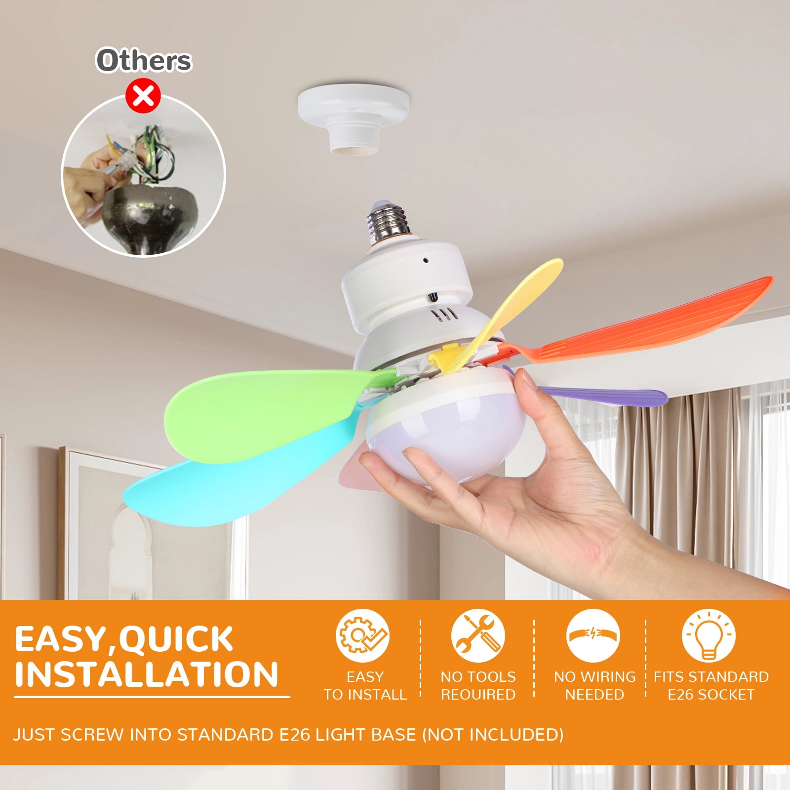 Laybasic Socket Fan Light with Remote, 16.5 Inch Screw in Ceiling Fan Dimmable 3 Colors 6 Speed with Timer Light Bulb Fan for Kid Room, Bathroom, Bedroom, Kitchen
