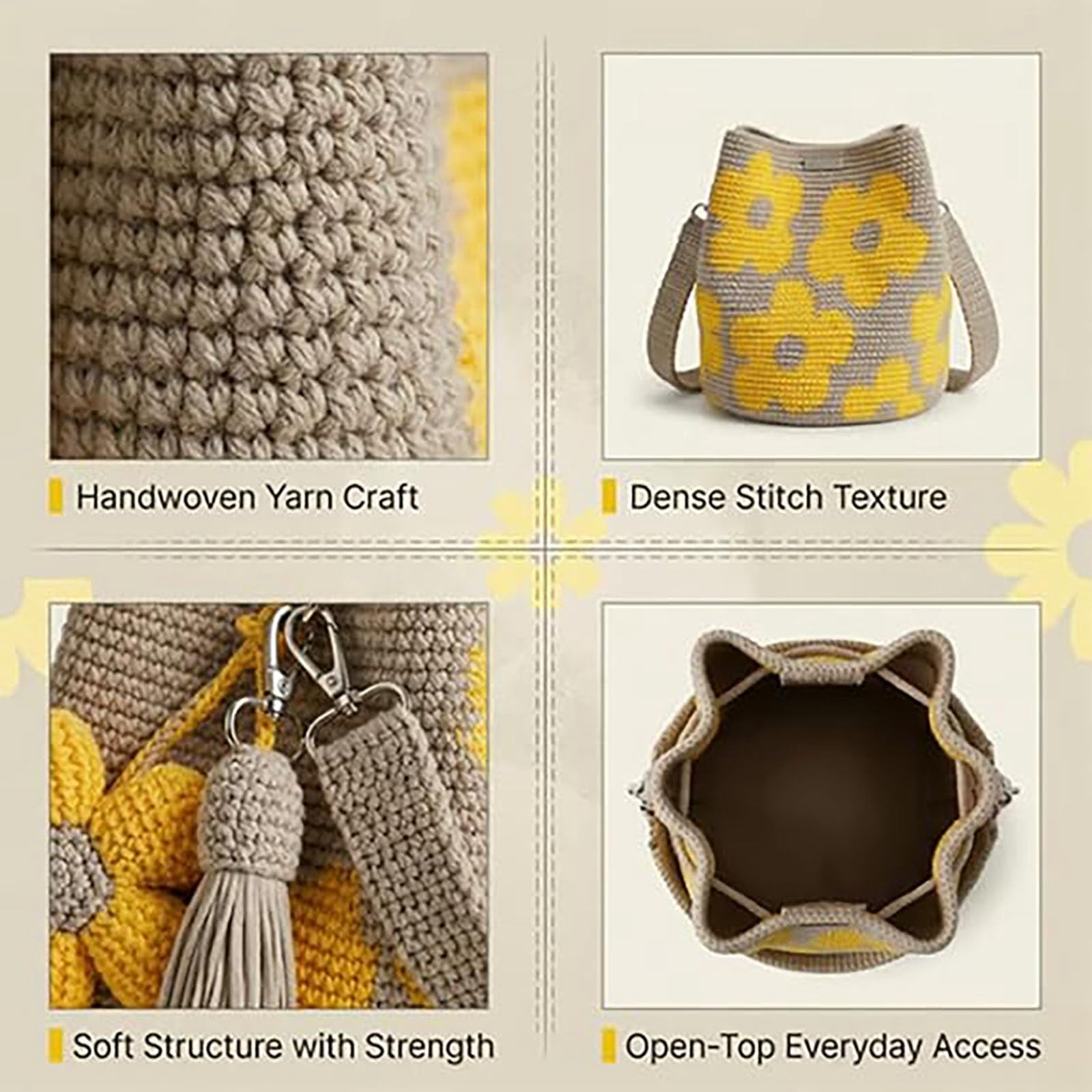 Handmade Crochet Flower Tote Bag, Boho Woven Beach Shoulder Purse, Crochet Tote Bag for Women, Floral Travel Shopping Aesthetic Handbag (1 Pc)