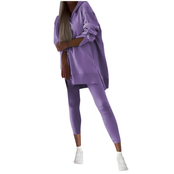 Hueook Sweat Suits For Womens 2 Piece Ladies' Round Neck Long Sleeved Shirt Casual Wide Leg Pants Two-piece Fashionable Set Purple S