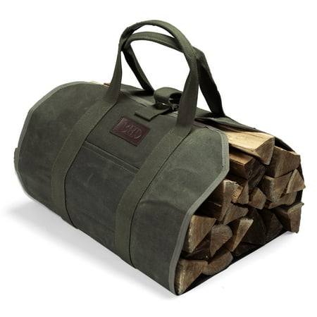 Gex Worldwide Waterproof Firewood Green Fireplace Carrier Logs Tote Holder 20 oz Waxed Canvas Sturdy Bag with Handles for Camping Indoor Outdoor
