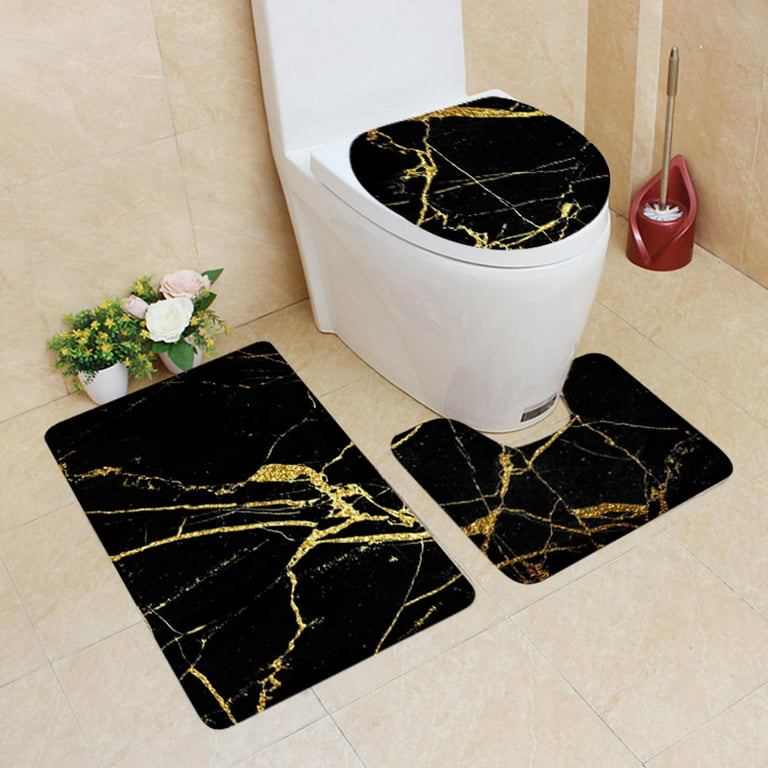 Black And Gold 3 Pieces Bathroom Rugs Set Bath Rug Mat And Toilet