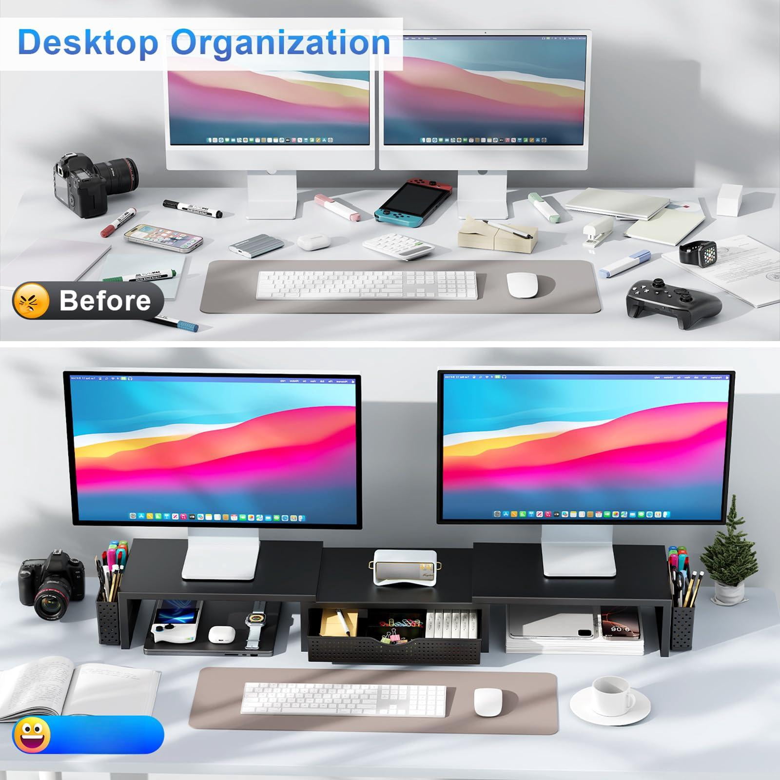 Dual Monitor Stand Riser  Desk Organizer With Drawer And 2 Pen Holders Computer Shelf For Top Of Black