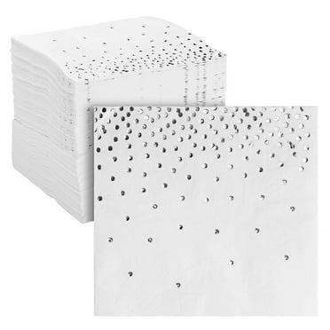 100 Pack Confetti Foil Silver Cocktail Napkins 5x5 inch, 3-Ply Disposable Polka Dot Beverage Napkins for Reception, Bridal Shower, Birthday Party Supplies, Dessert Napkin Wedding