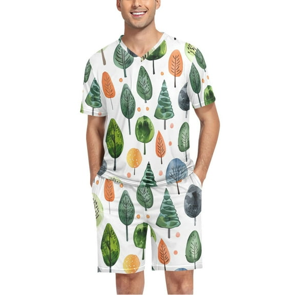joogoo Men's Pajama Set Trees Christmas V-Neck Pj Shorts Set 2 Piece Loungewear Sleepwear L