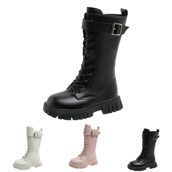 Dakaela Girl's Fashion Knee High Boots Waterproof Lace up Tall Combat Boot Buckle Winter Princess Dress Riding Shoes Black 10
