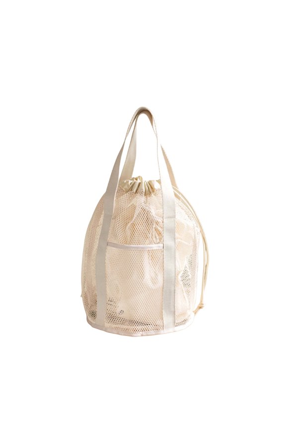 Mesh Drawstring Bag Foldable Beach Toy Bag with 2 Pockets Swimming Pool Mesh Bag Women Cosmetic Bag Handbag for Travel